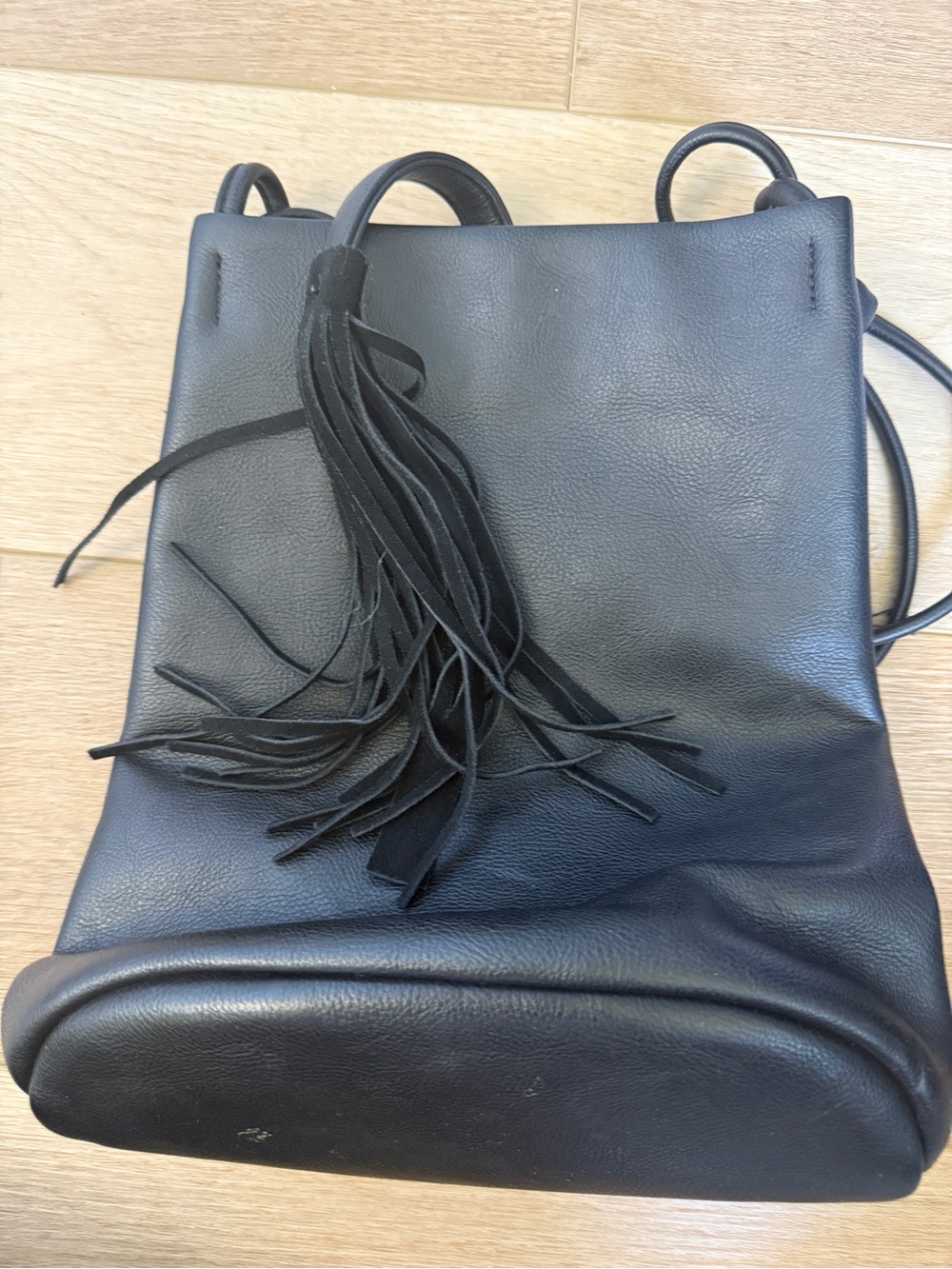 Black Leather Tassel Drawstring Bag